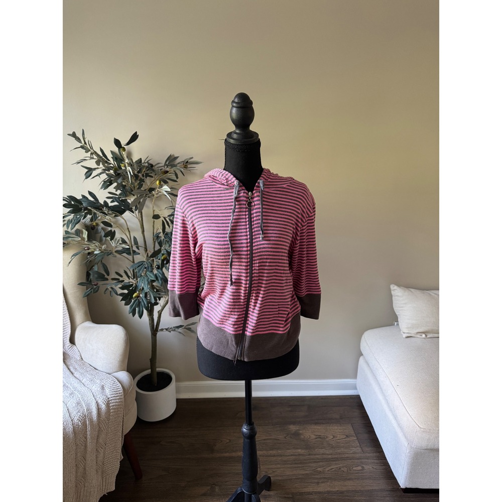 JW Active Pink Grey Striped Zip Up Hoodie 3/4 Sleeve Large Athleisure